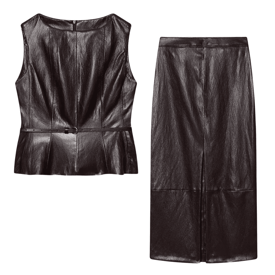 Elegant Brown Peplum Leather Set