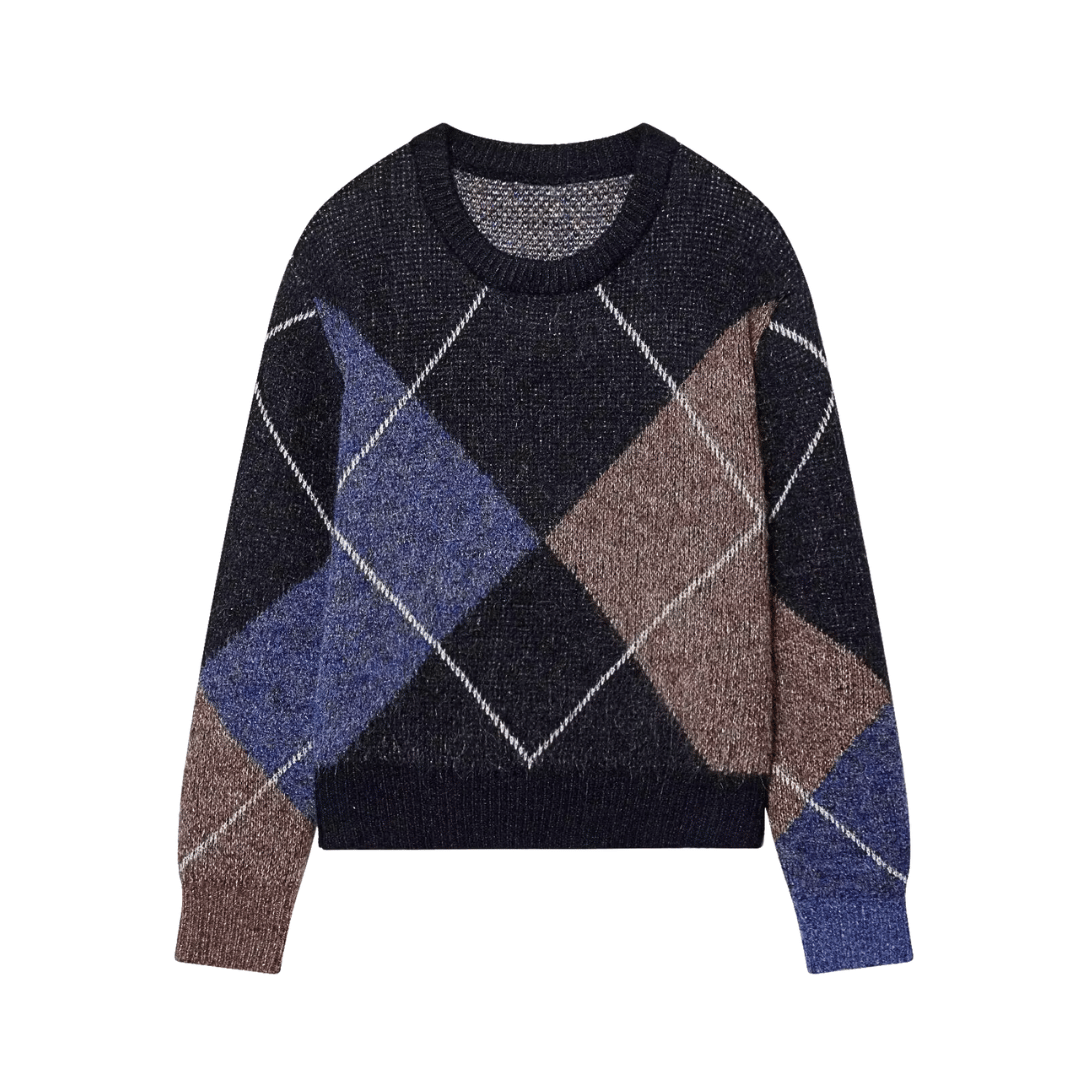 Fuzzy Argyle Sweater – Vintage Diamond Knit Pullover