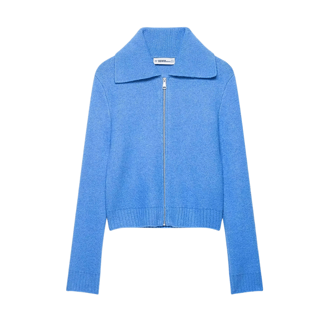 Zip-Up Collared Knit Sweater – Blue Knit Cardigan Jacket