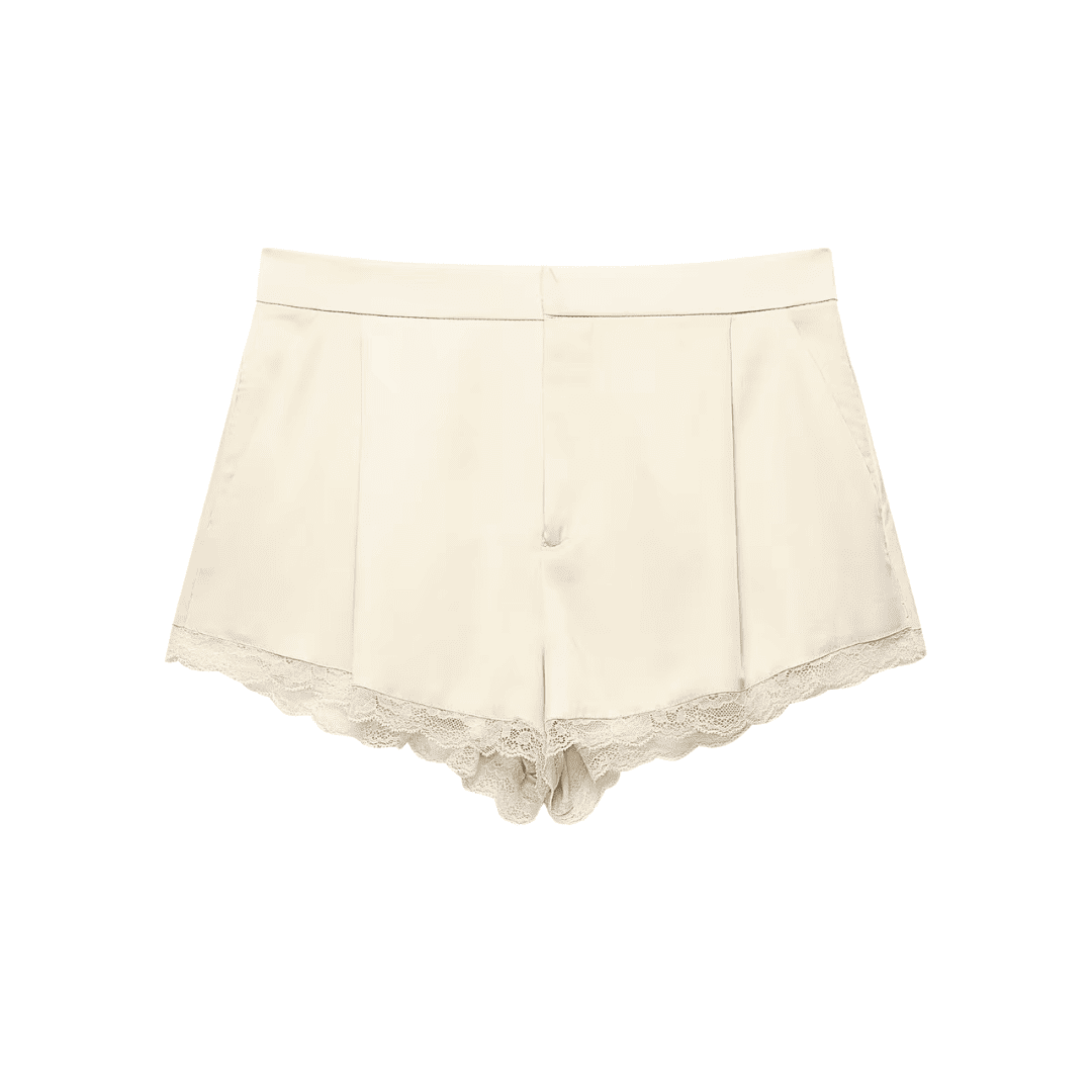 Lace Trim Satin High-Waist Shorts