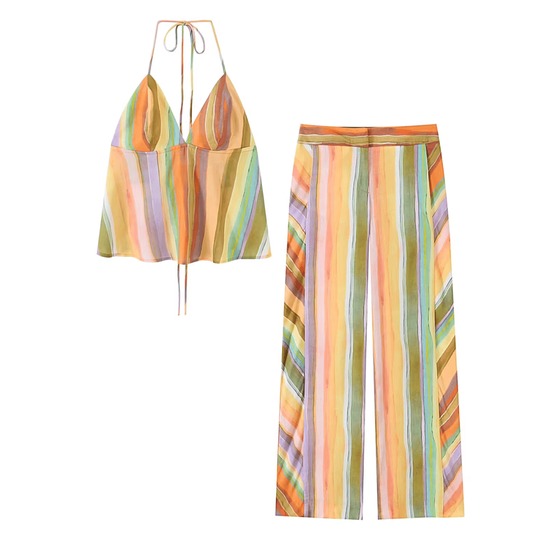 Striped Linen Halter Crop Top & Wide Leg Pants Set