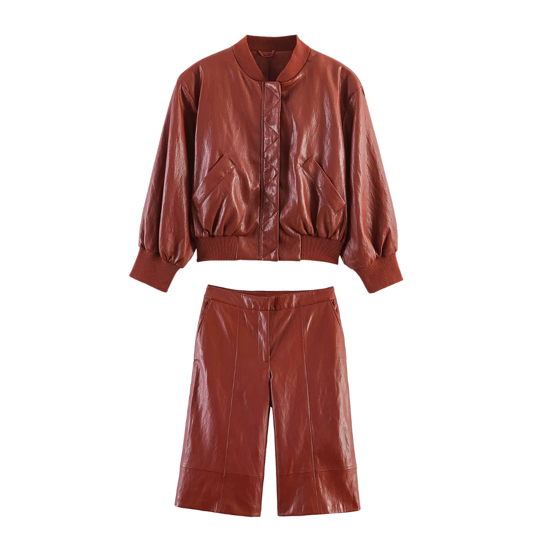 Brown Faux Leather Set – Vintage Bomber Outfit