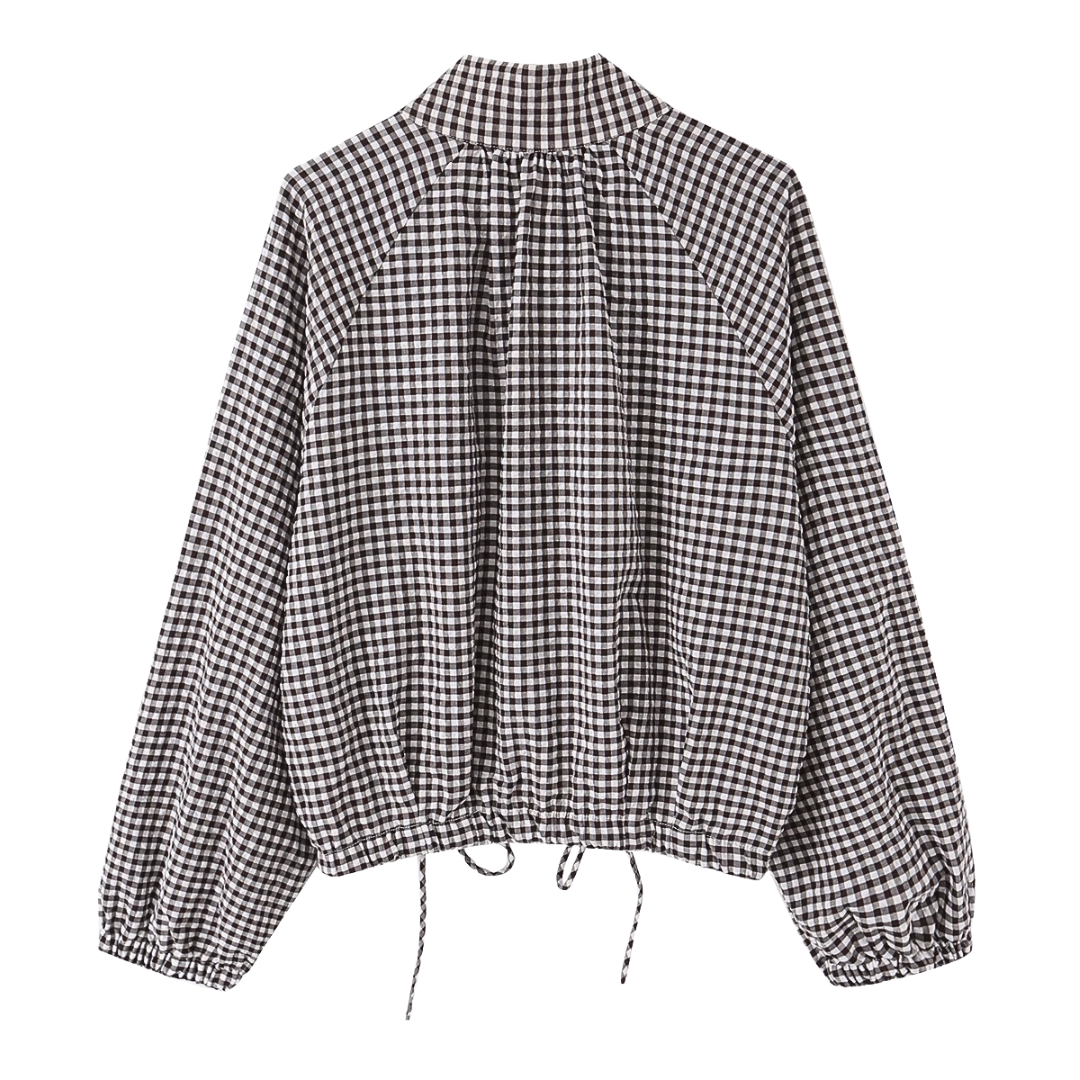 Gingham Drawstring Hem Button-Up Jacket