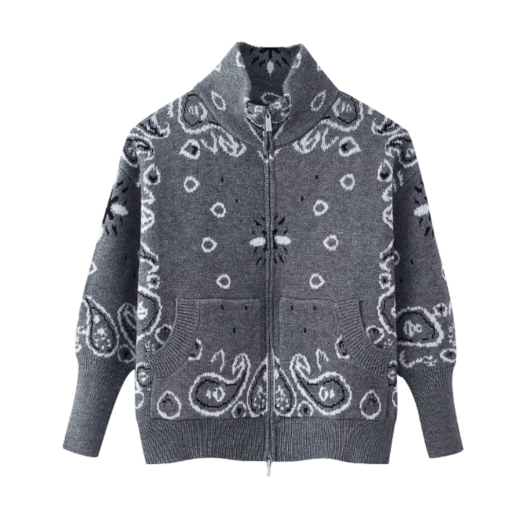 Bandana Paisley Knit Jacket – Vintage Zip-Up Cardigan