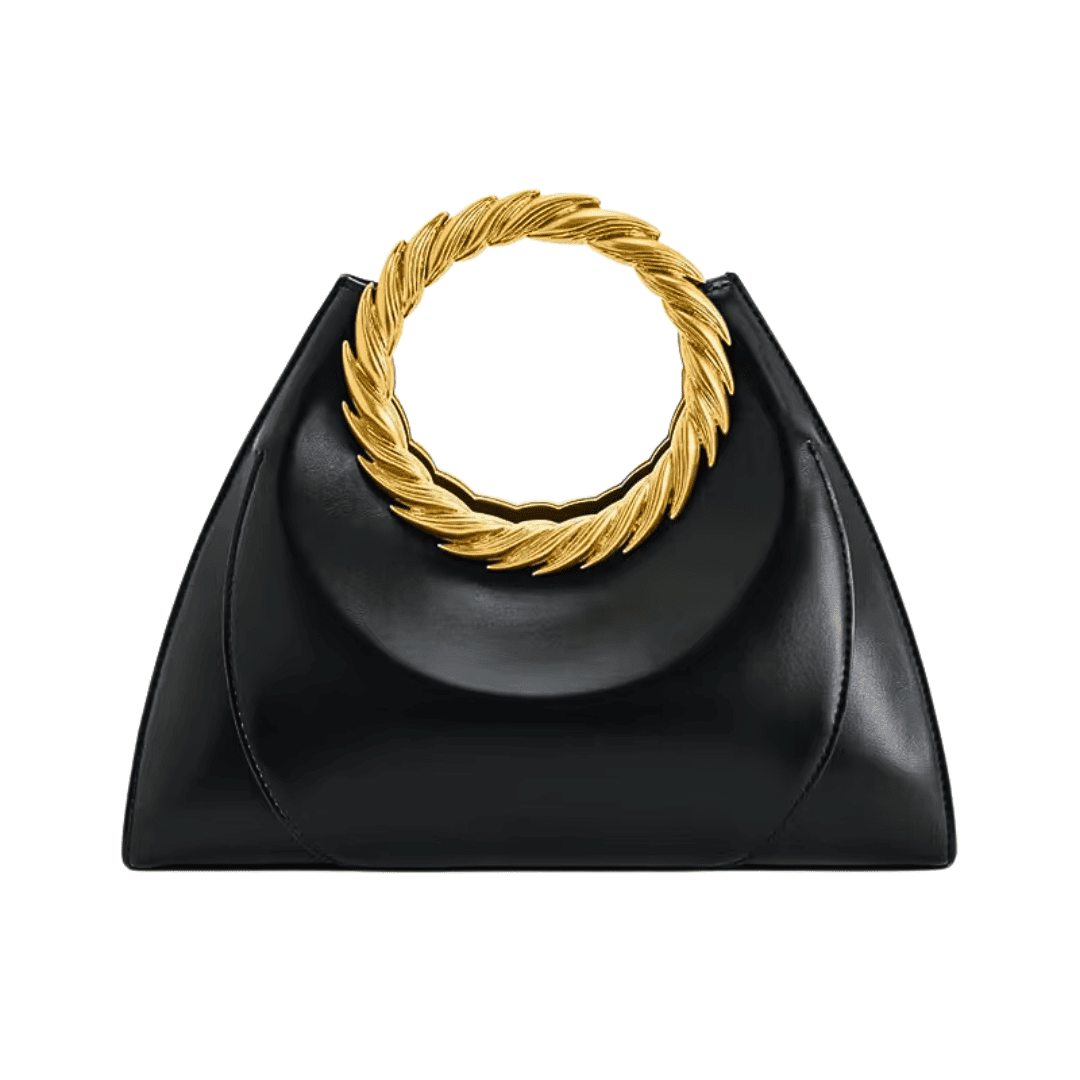 Elegant Gold Handle Handbag Black Leather