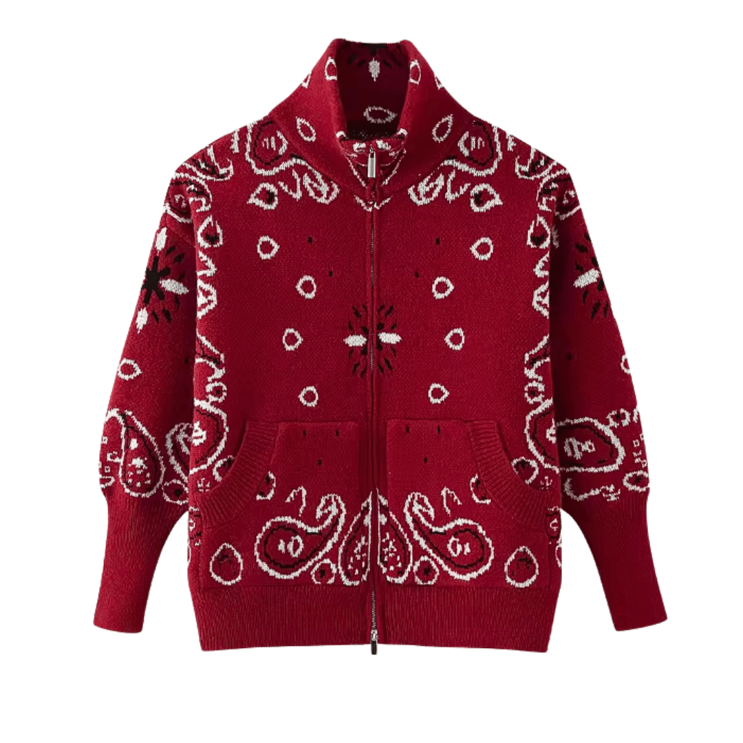 Bandana Paisley Knit Jacket – Vintage Zip-Up Cardigan