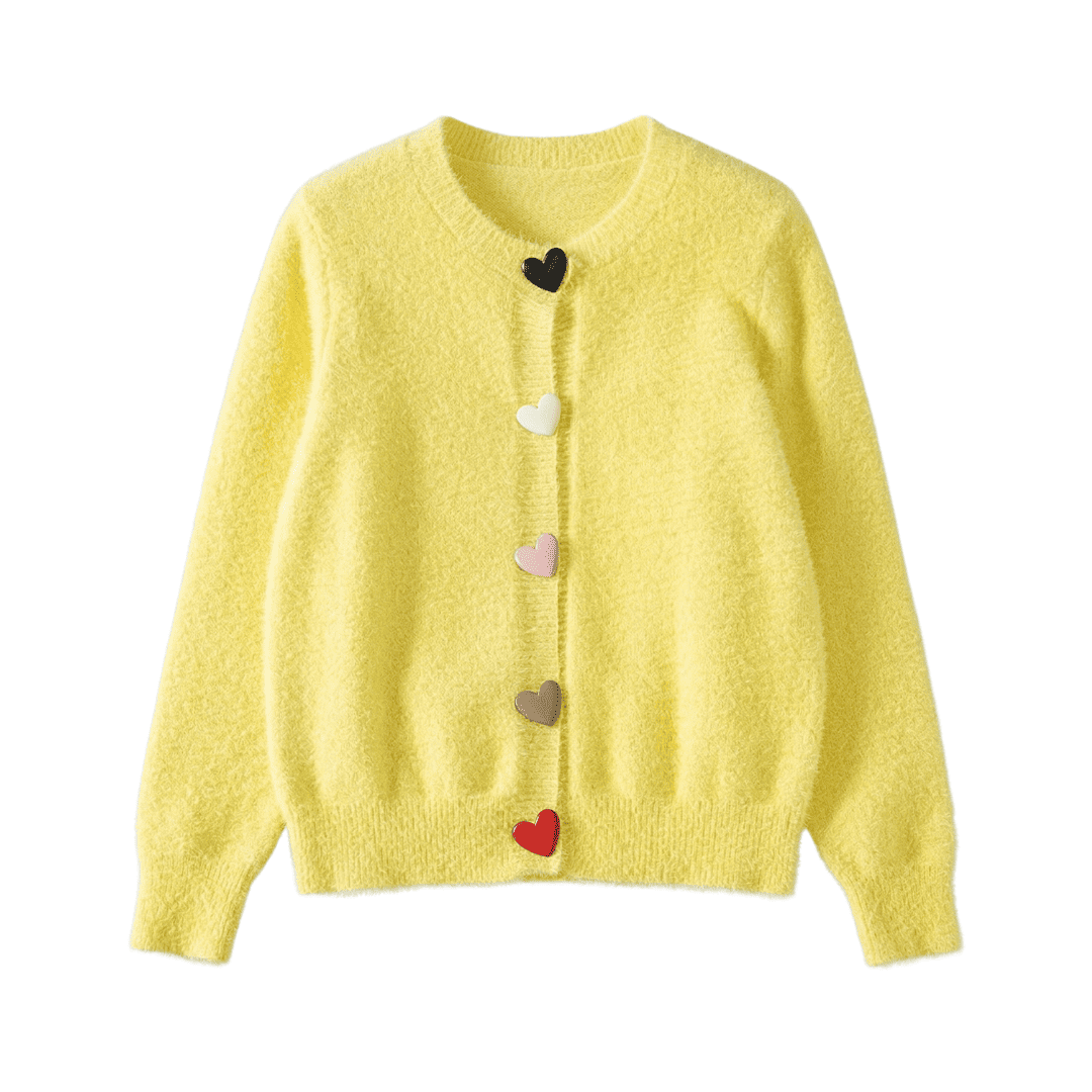 Heart Button Fuzzy Knit Cardigan