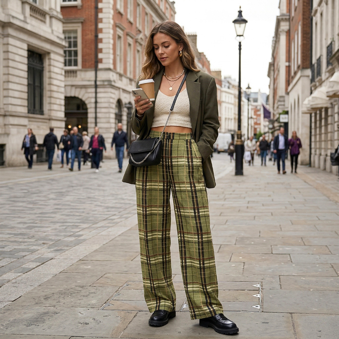 Elegante Karo-Hose mit hohem Bund