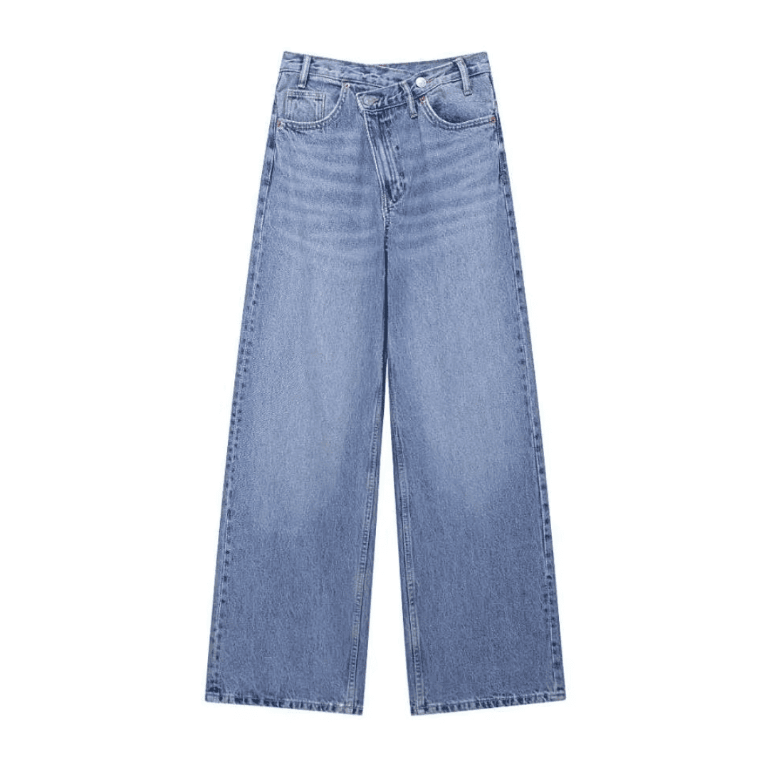 Asymmetrische Jeans mit gekreuztem Bund und weitem Bein