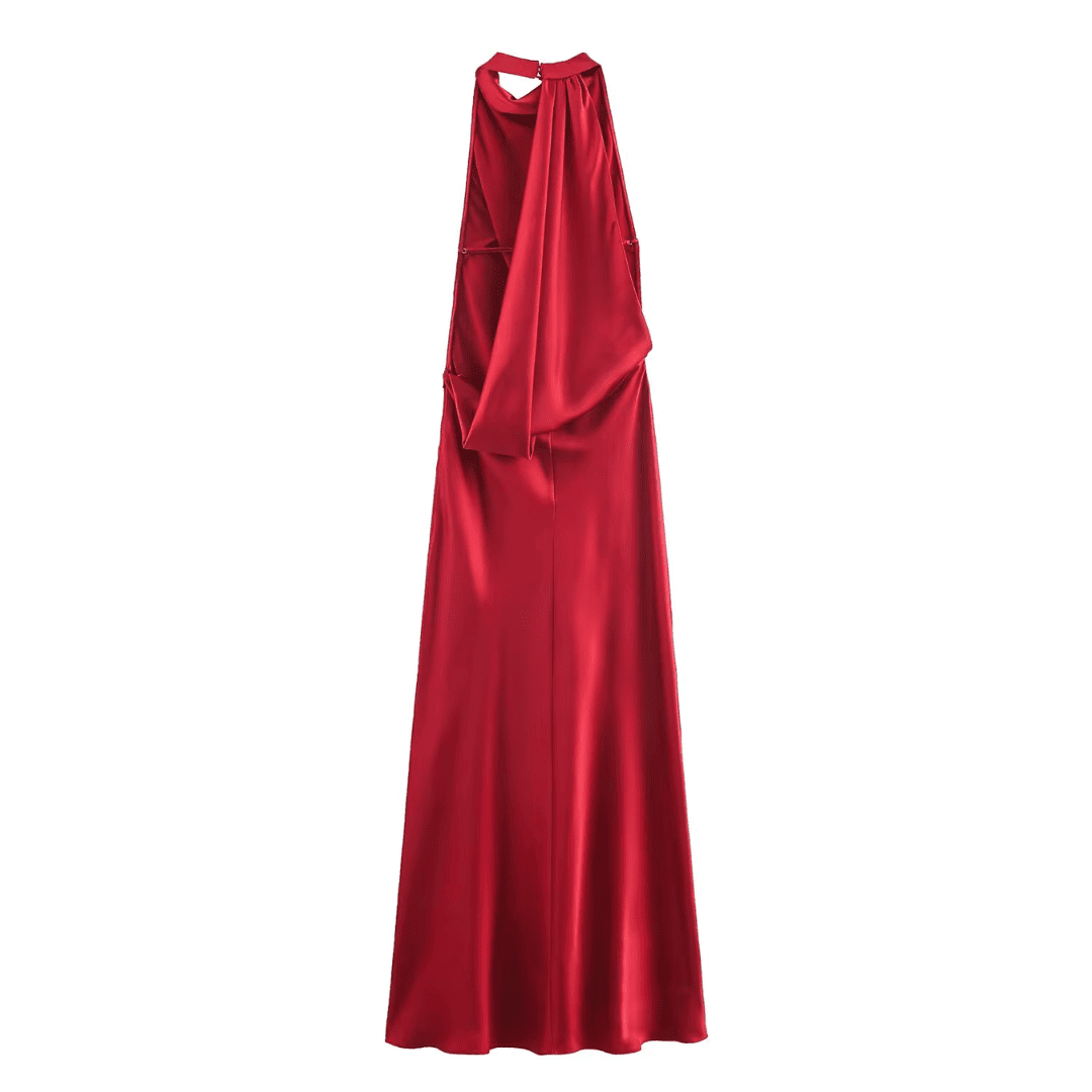 Red Satin Drape Maxi Dress