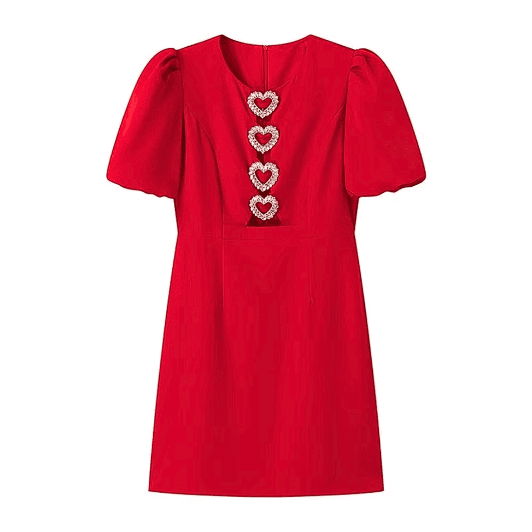 Crystal Appliqué Puff Sleeve Dress