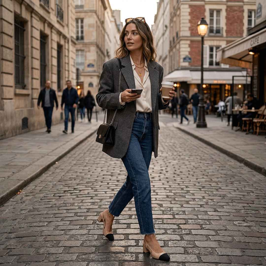 Zweifarbige Slingback-Pumps mit Blockabsatz