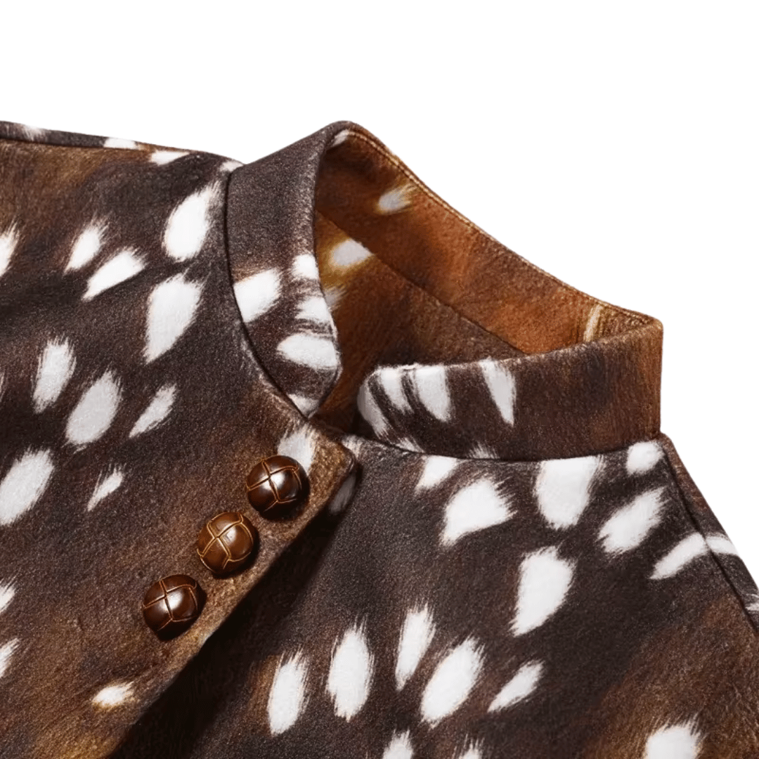 Deer Print Faux Fur Trimmed Jacket