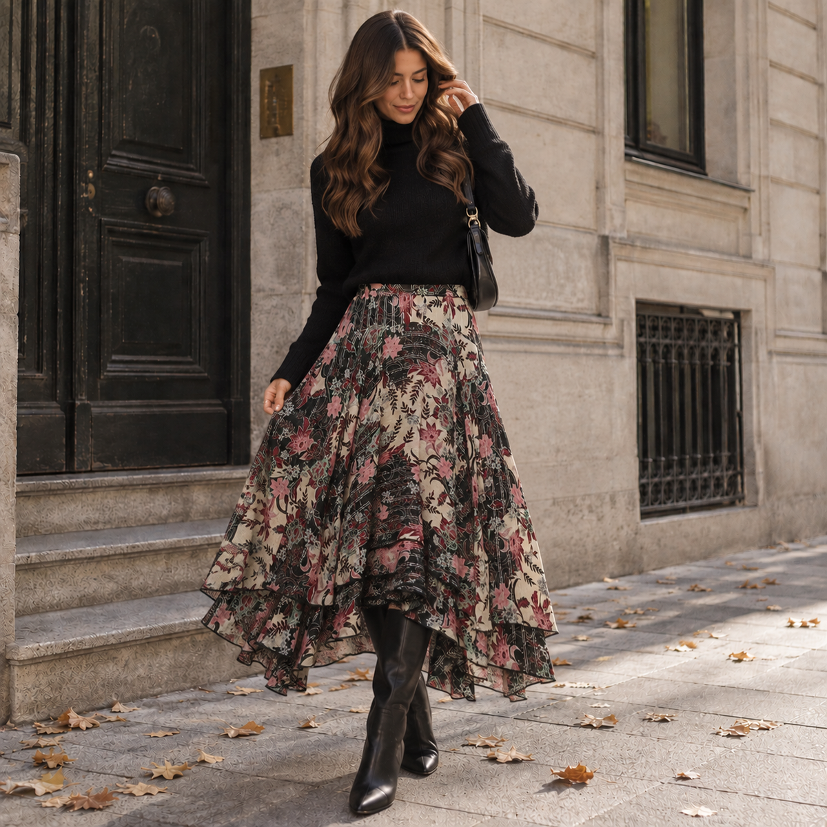 Floral Print Asymmetrical Midi Skirt – Lurex Bohemian Flowy Skirt
