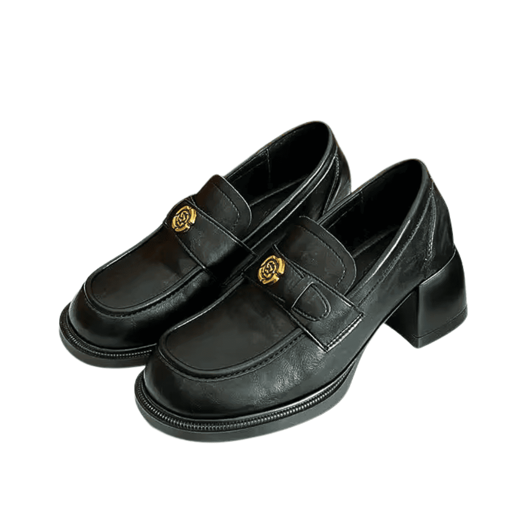 Chunky Heel Black Penny Loafers