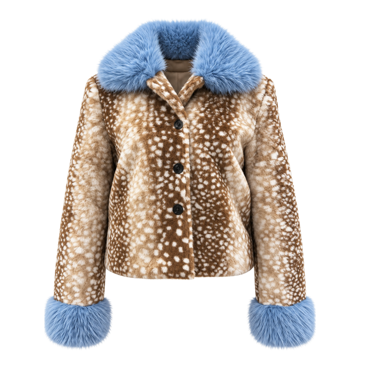 Bambi Faux Fur Jacket – Blue Trim Cropped Plush Fawn Coat