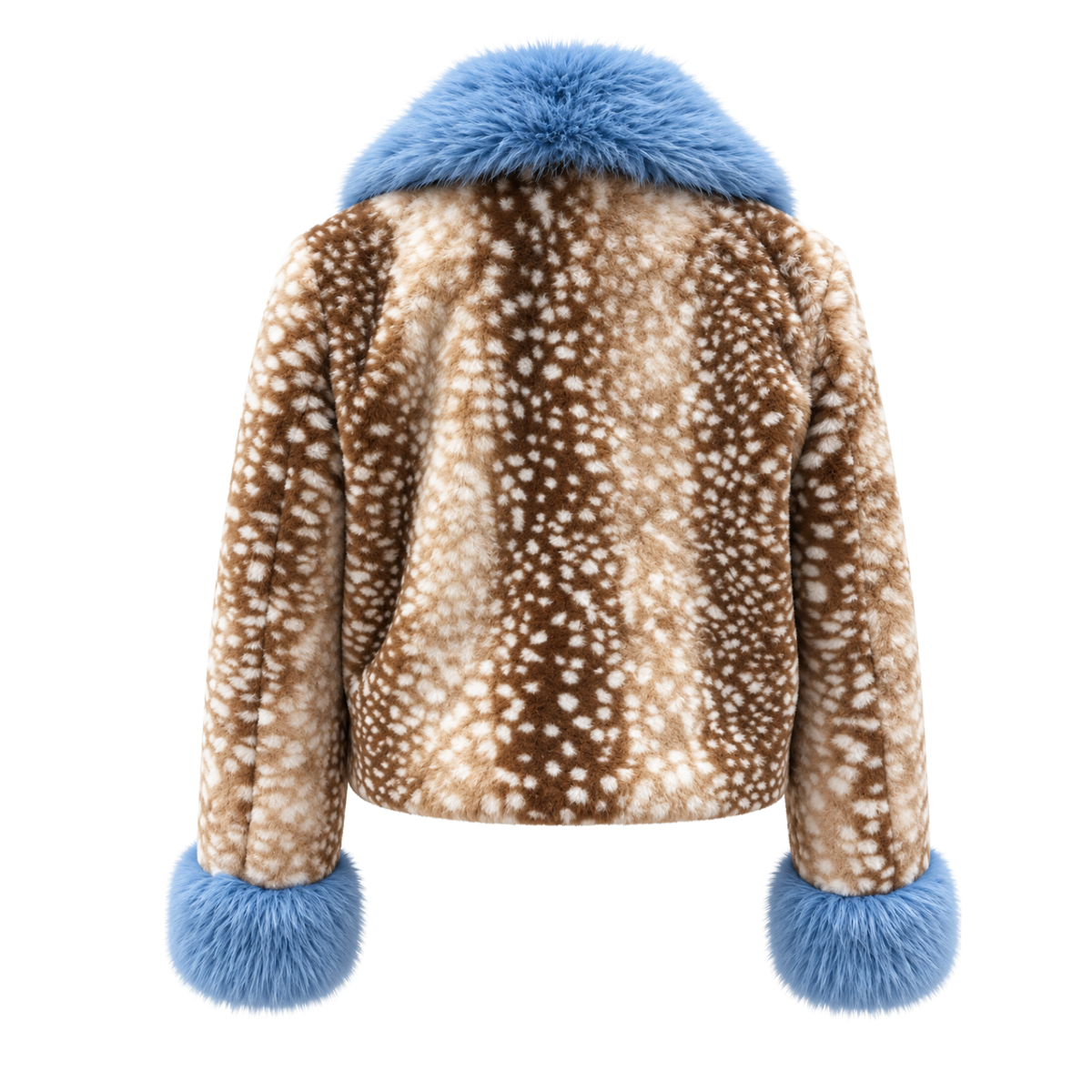 Bambi Faux Fur Jacket – Blue Trim Cropped Plush Fawn Coat