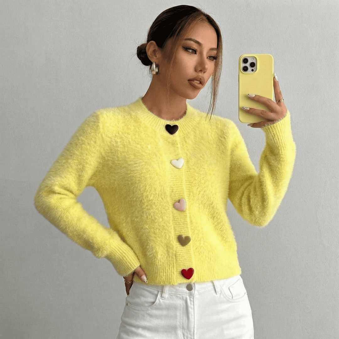 Heart Button Fuzzy Knit Cardigan