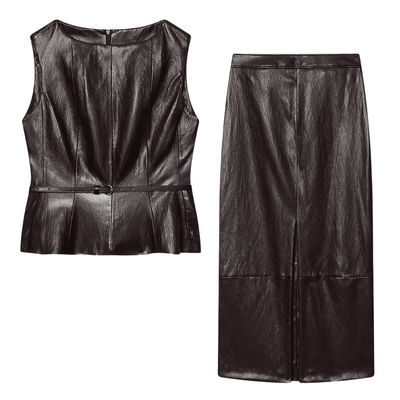 Elegant Brown Peplum Leather Set