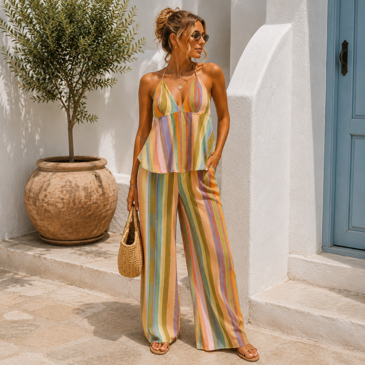 Striped Linen Halter Crop Top & Wide Leg Pants Set