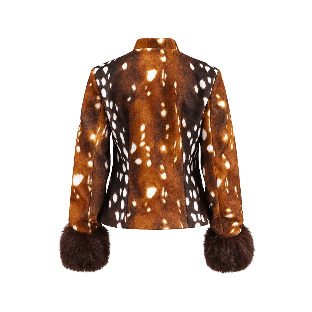 Deer Print Faux Fur Trimmed Jacket