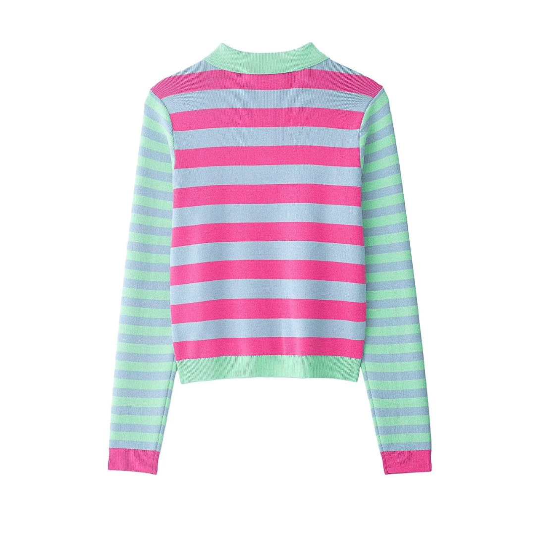 Striped Crewneck Knit Cardigan