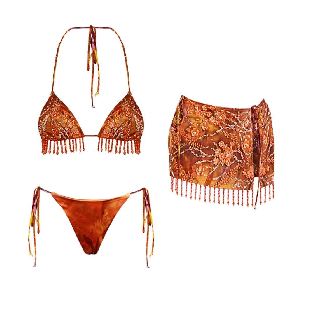 Floral Beaded 3-Piece Bikini Set