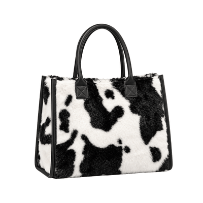 Plush Animal Tote – Cow Print Leopard Faux Fur Shopper