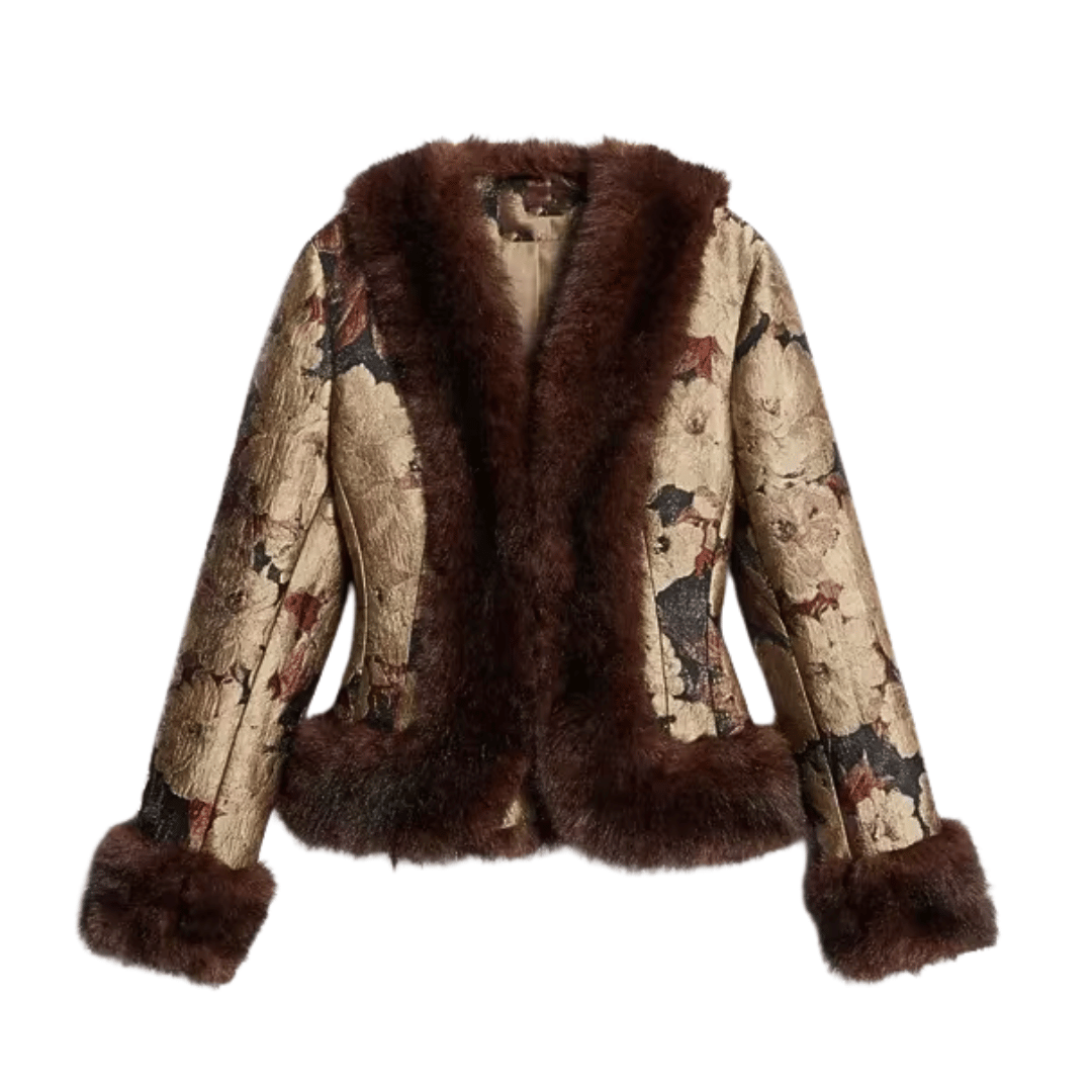 Floral Jacquard Faux Fur Jacket