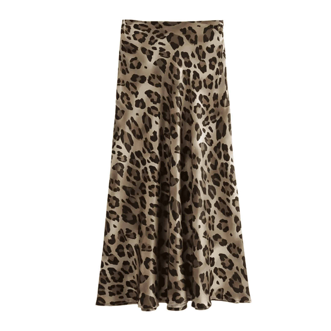 Leopard Print Satin Midi Skirt
