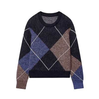 Fuzzy Argyle Sweater – Vintage Diamond Knit Pullover