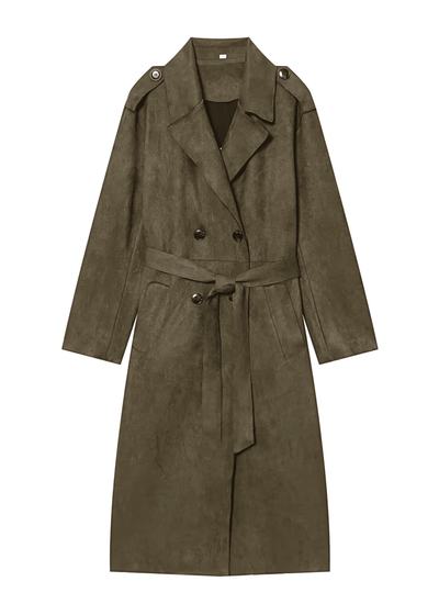 Faux Suede Belted Coat in Olive
