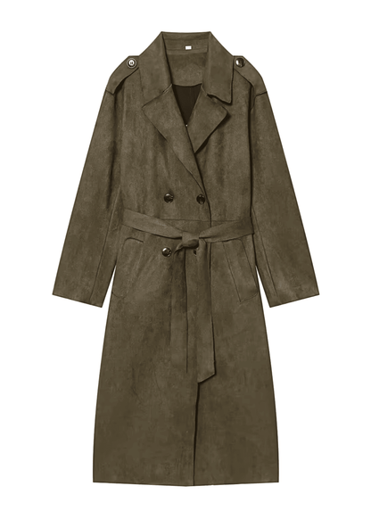 Faux Suede Belted Coat in Olive