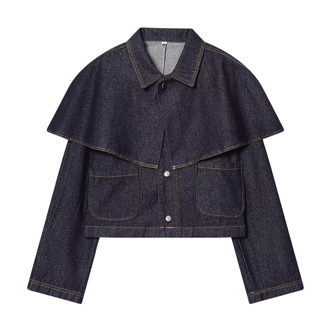 Dark Wash Denim Cape Jacket – Cropped Western Outerwear