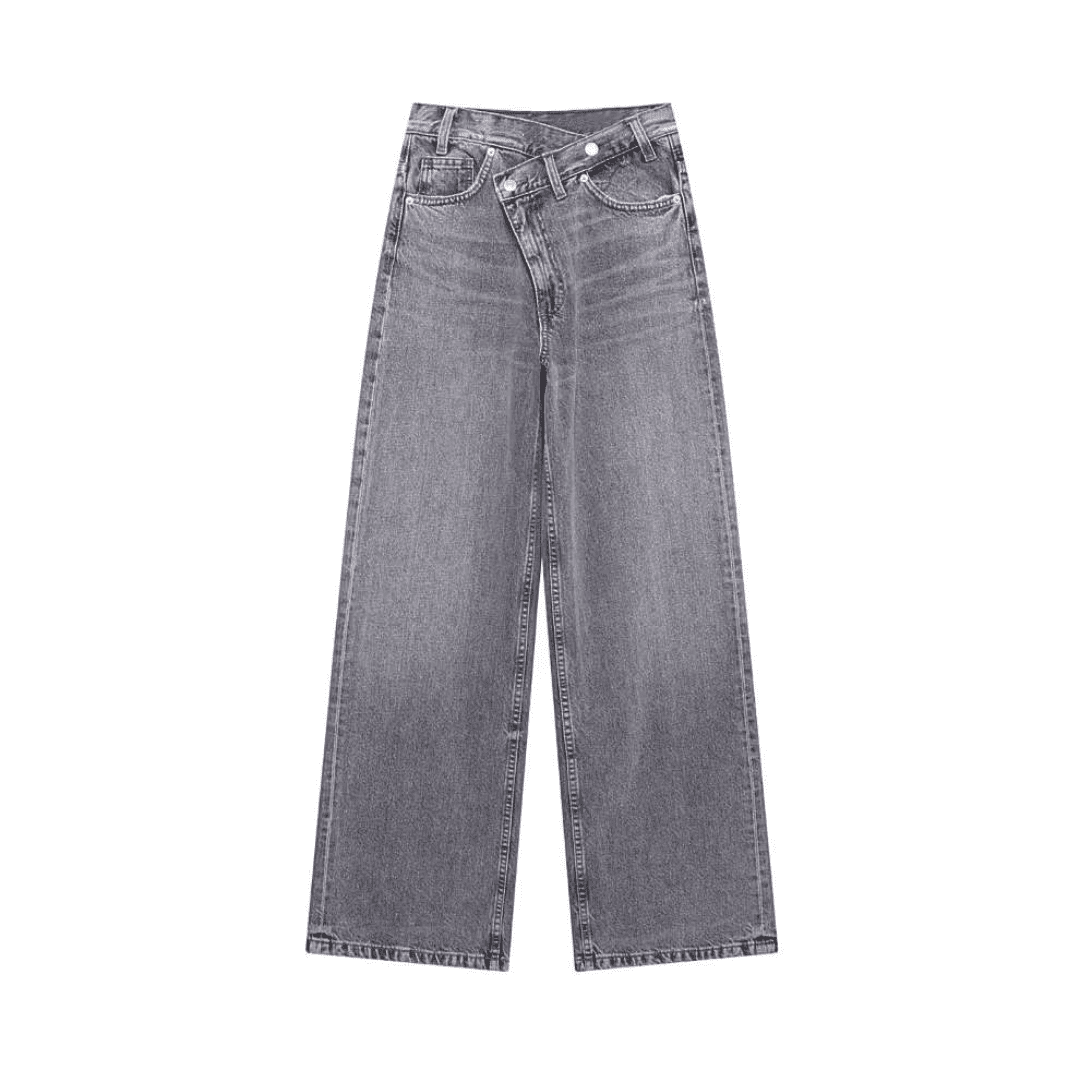 Asymmetrische Jeans mit gekreuztem Bund und weitem Bein