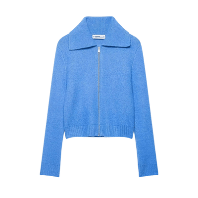 Zip-Up Collared Knit Sweater – Blue Knit Cardigan Jacket