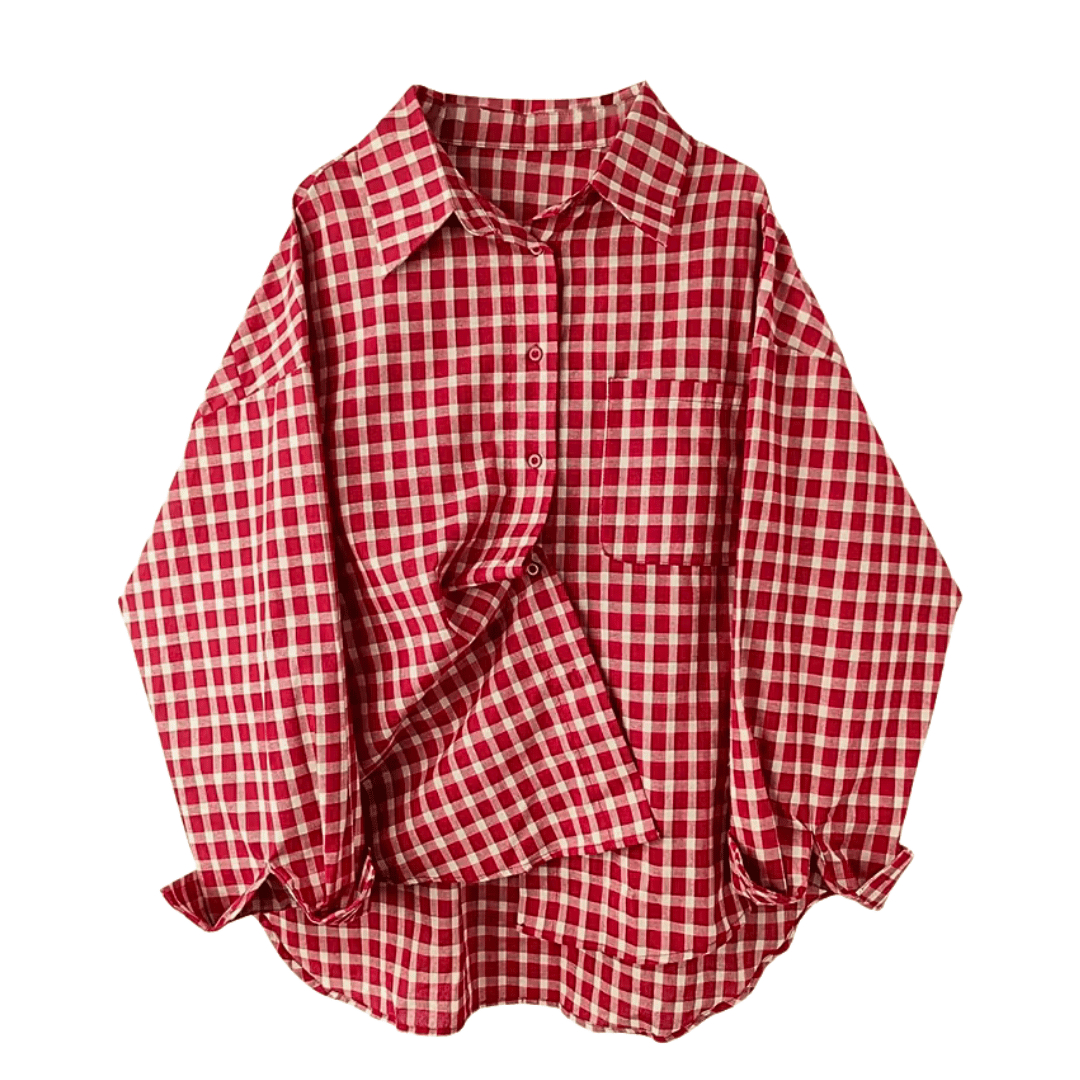Red Plaid Oversized Shirt – Casual Check Flannel Blouse