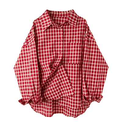 Red Plaid Oversized Shirt – Casual Check Flannel Blouse