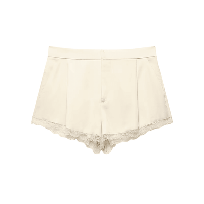 Lace Trim Satin High-Waist Shorts
