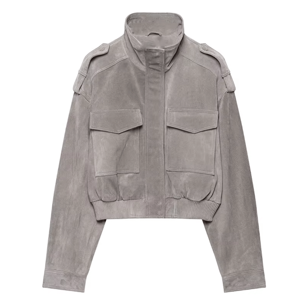 Faux Suede Utility Bomber Jacket – Grey Crop Cargo Coat