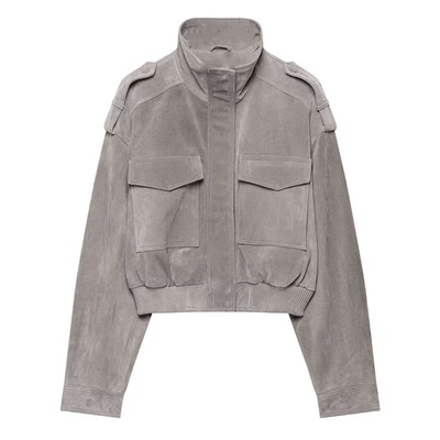 Faux Suede Utility Bomber Jacket – Grey Crop Cargo Coat