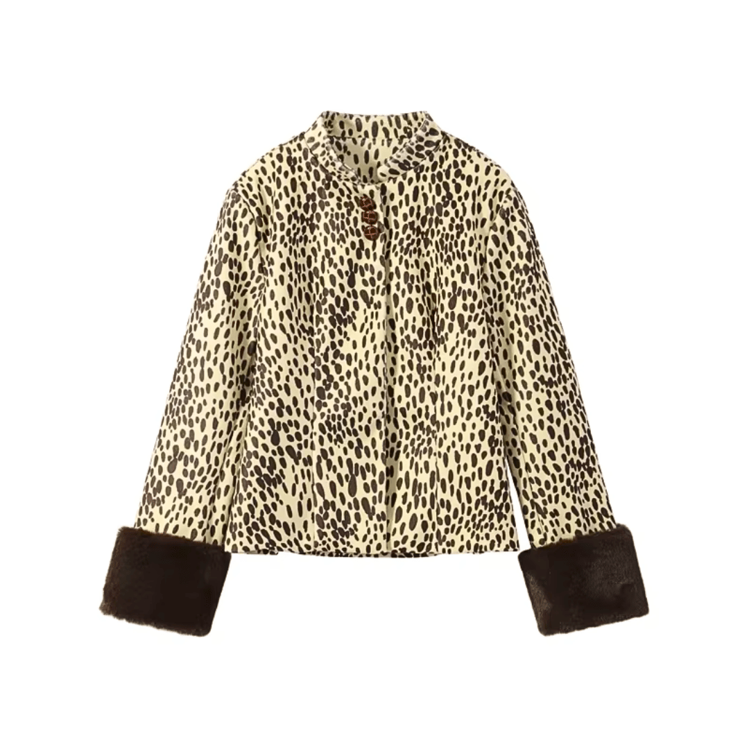 Deer Print Faux Fur Trimmed Jacket