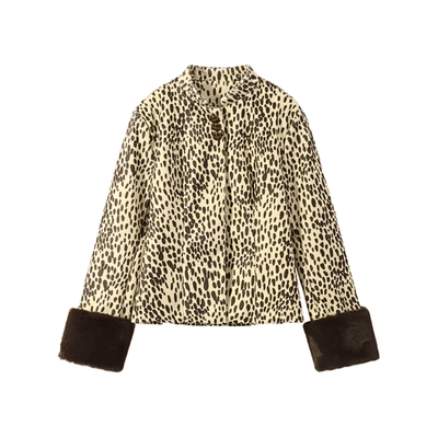 Deer Print Faux Fur Trimmed Jacket