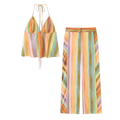 Striped Linen Halter Crop Top & Wide Leg Pants Set