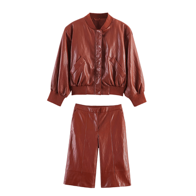 Brown Faux Leather Set – Vintage Bomber Outfit