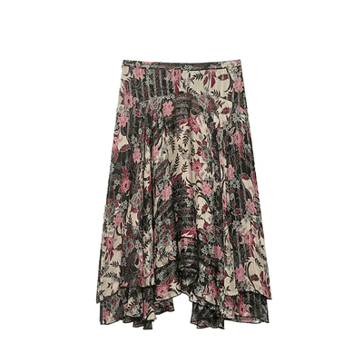 Floral Print Asymmetrical Midi Skirt – Lurex Bohemian Flowy Skirt