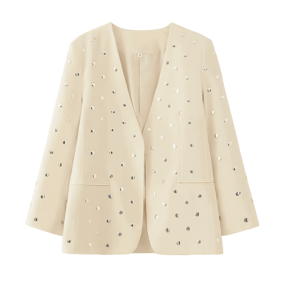 Beige Studded Open Front Blazer