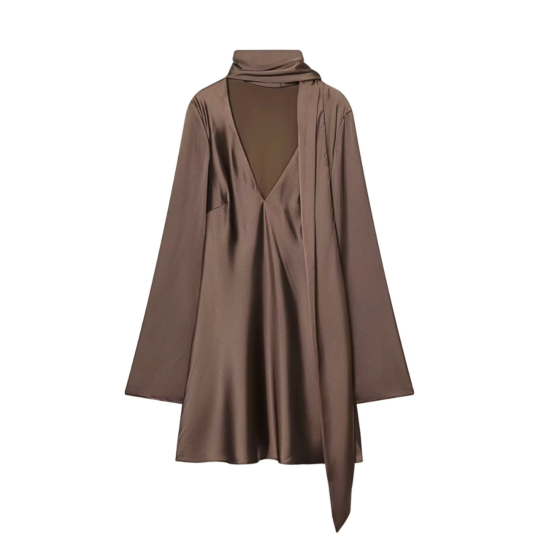 Satin Scarf Neck Mini Dress