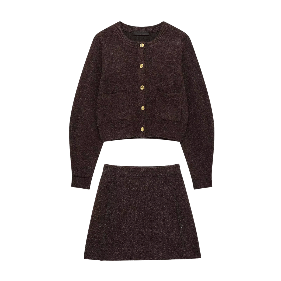 Two Piece Knit Skirt Set – Cropped Cardigan Mini Skirt Co-Ord