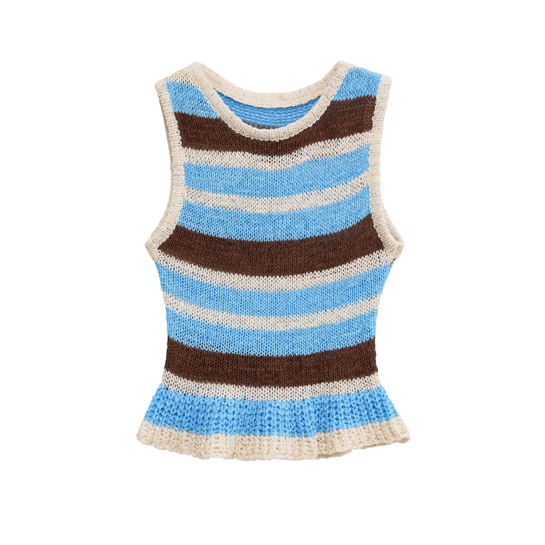 Striped Peplum Knit Tank Top – Crochet Sleeveless Cami